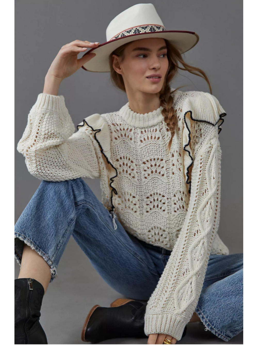 En Saison Anthropologie Dee Ruffled Sweater Open Knit Pointelle Ivory Womens SP